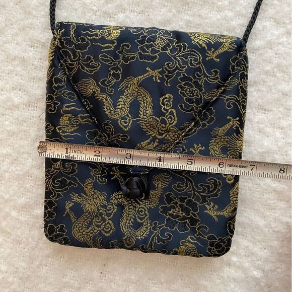 Asian Design Small Satin Crossbody Bag - Gold Embroidery on Black Purse - Picture 7 of 8